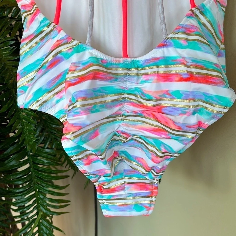 Brand New Victoria's Secret Swimsuit High Neck Strappy Back White Bright Coral